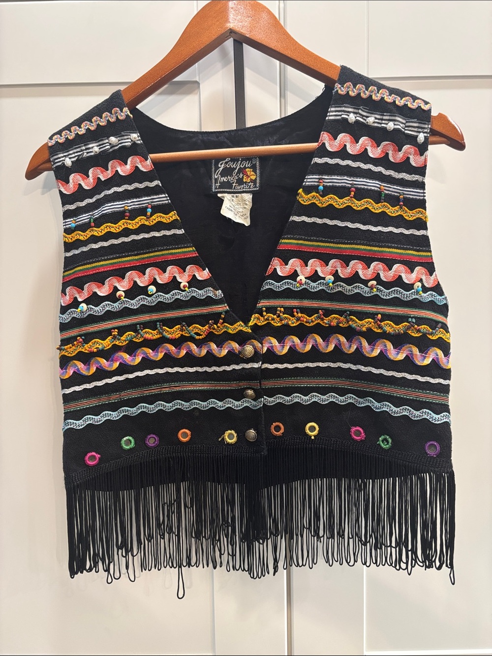 Jou Jou Black Embroidered Fringe Vest with Multicolor Trim